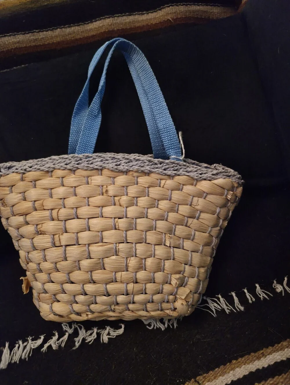 SMALL Woven Straw Floral Tote Bag with Blue Handles Hand Made